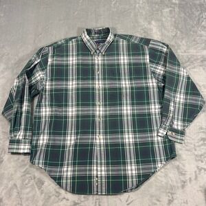 NORSPORT Vintage Mens Button Down Shirt XL Green White Plaid LS 100% Cotton Y2K